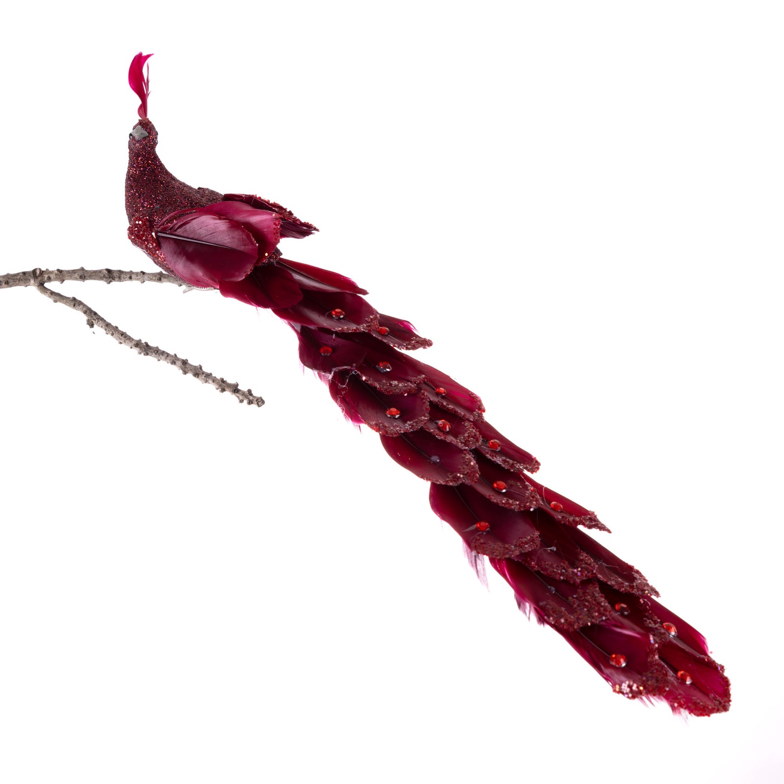 Red Peacock Clip with Silver Pearls and Glitter