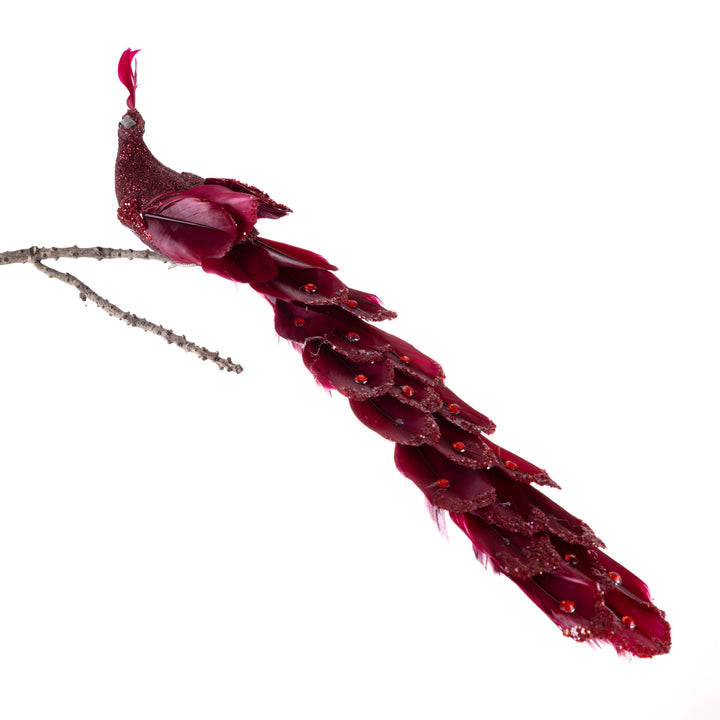 Red Peacock Clip with Silver Pearls and Glitter