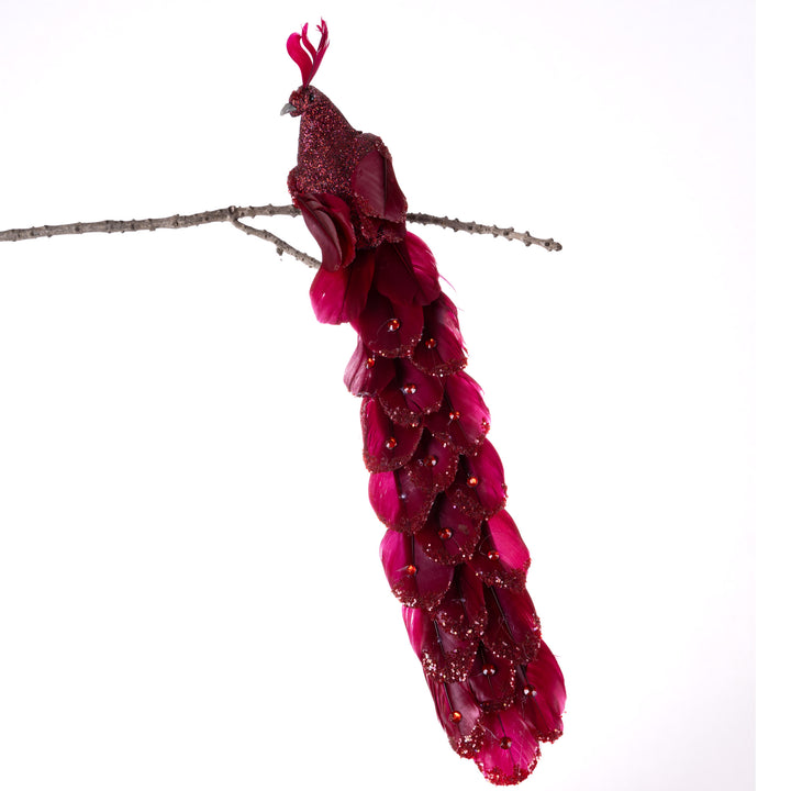 Red Peacock Clip with Silver Pearls and Glitter