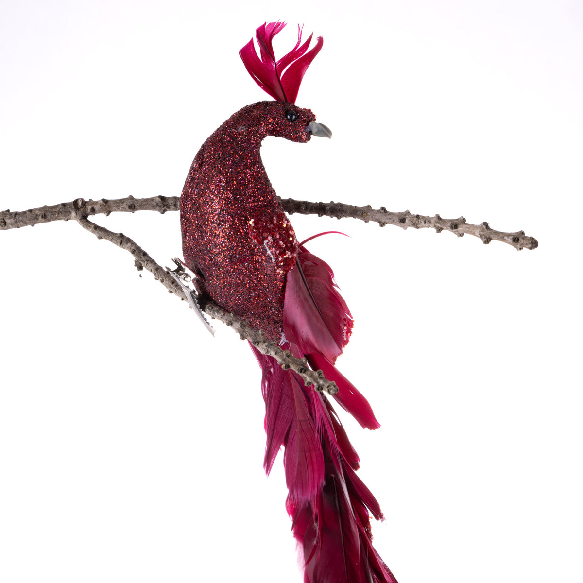 Red Peacock Clip with Silver Pearls and Glitter