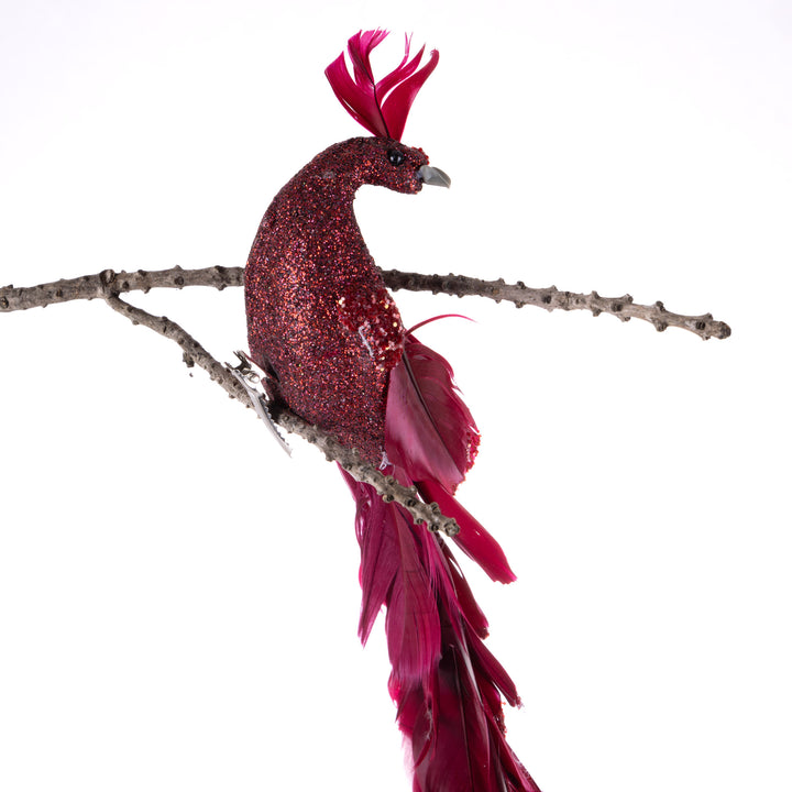 Red Peacock Clip with Silver Pearls and Glitter