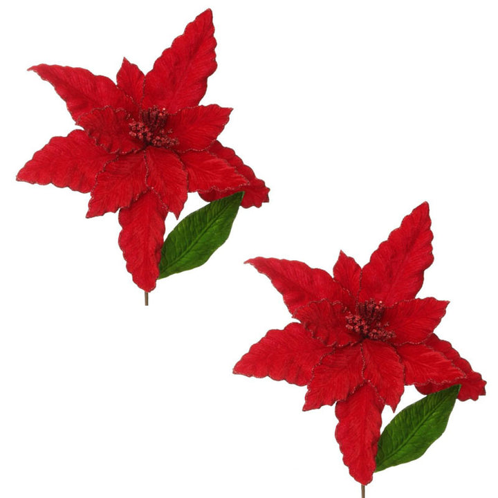 Large Red Poinsettia Flower Pick with Red Glitter Trim