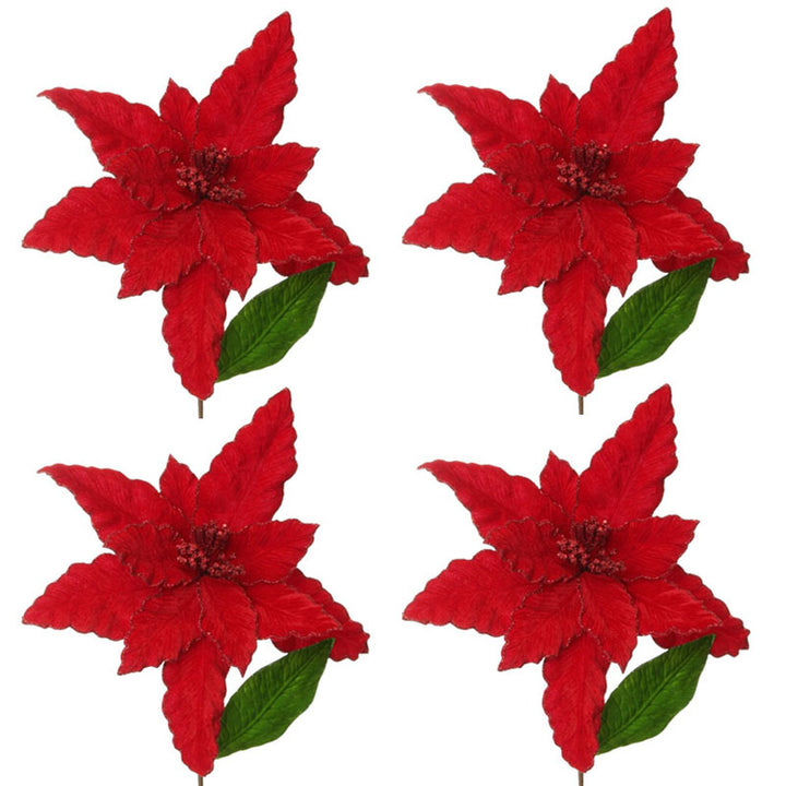 Large Red Poinsettia Flower Pick with Red Glitter Trim