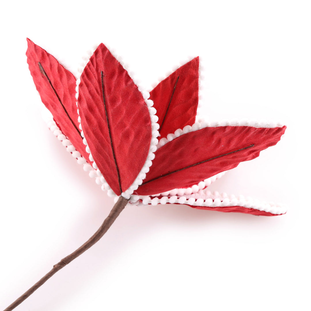 Red Poinsettia Flower Stem with White Pom Pom Trim