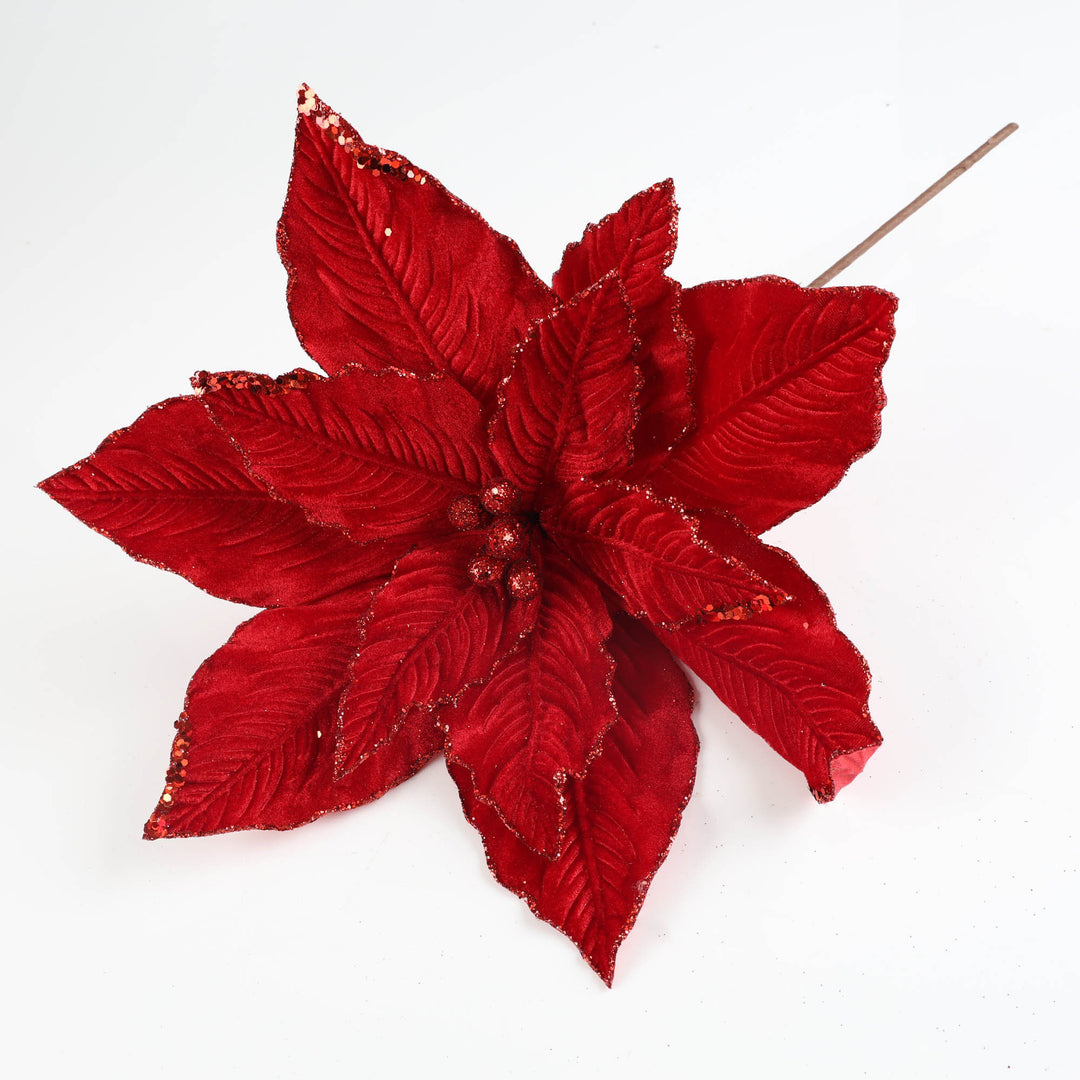 Red Velvet Glitter Poinsettia Flower Stem with Sequin Trim - 35cm