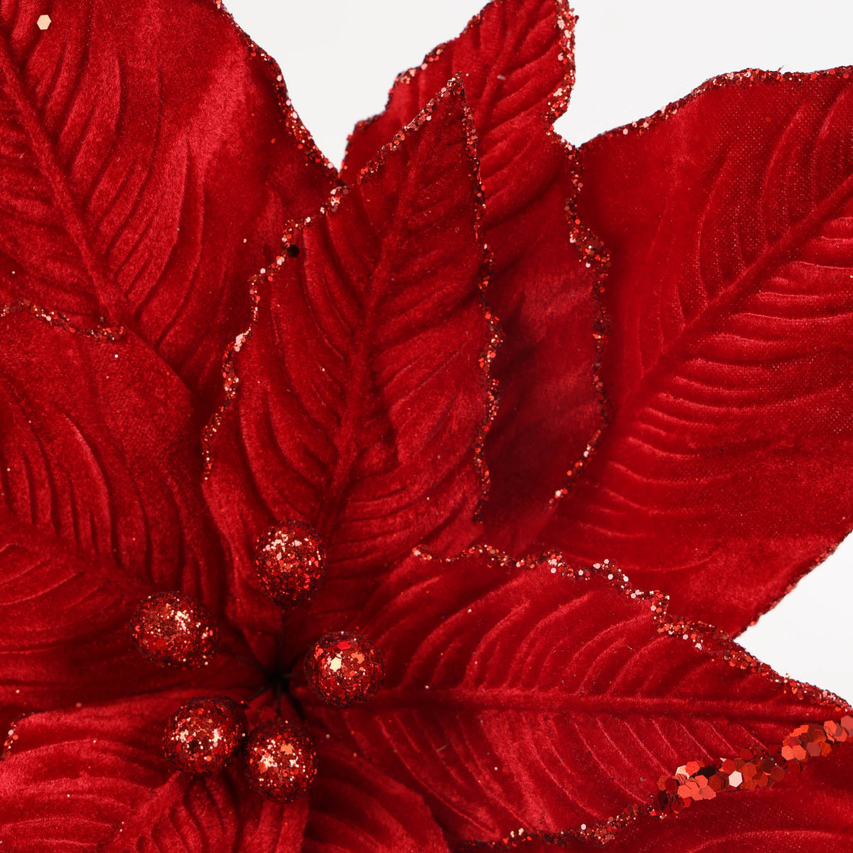 Red Velvet Glitter Poinsettia Flower Stem with Sequin Trim - 35cm