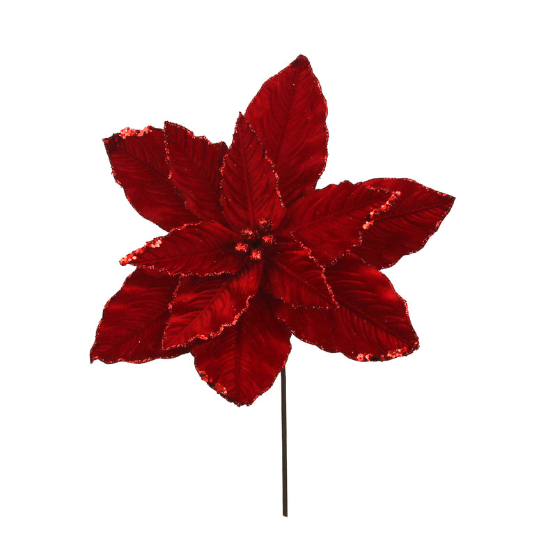 Red Velvet Glitter Poinsettia Flower Stem with Sequin Trim - 35cm