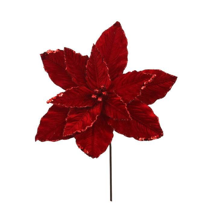 Red Velvet Glitter Poinsettia Flower Stem with Sequin Trim - 35cm