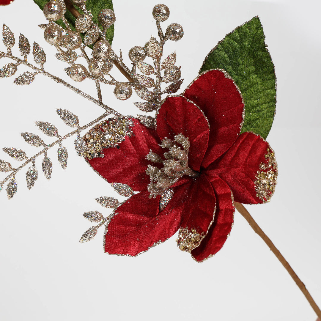 Red Velvet Magnolia Spray with Gold Glitter Berries