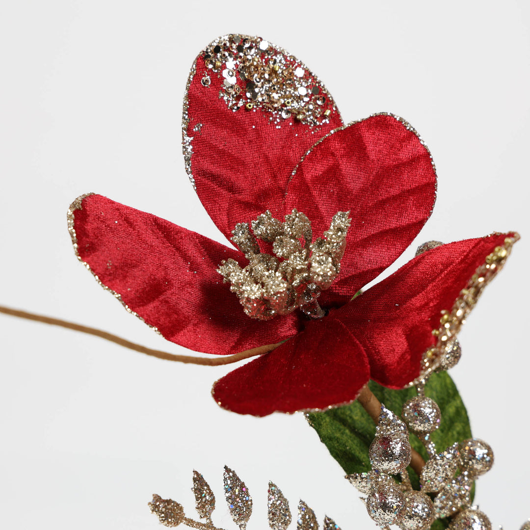 Red Velvet Magnolia Spray with Gold Glitter Berries