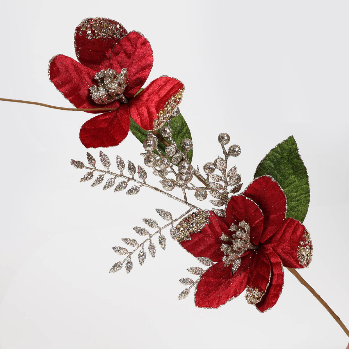 Red Velvet Magnolia Spray with Gold Glitter Berries