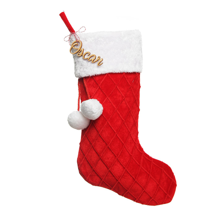 Personalised Red Velvet Quilted Christmas Stocking with Laser Cut Name - Plywood