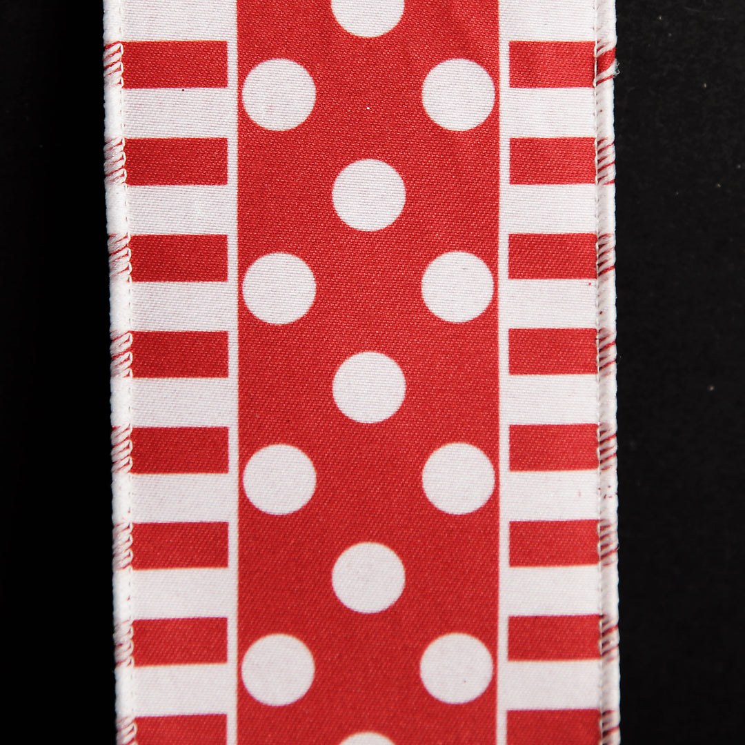 Red and White Dots and Stripe Candy Cane Christmas Ribbon - 6.5cm