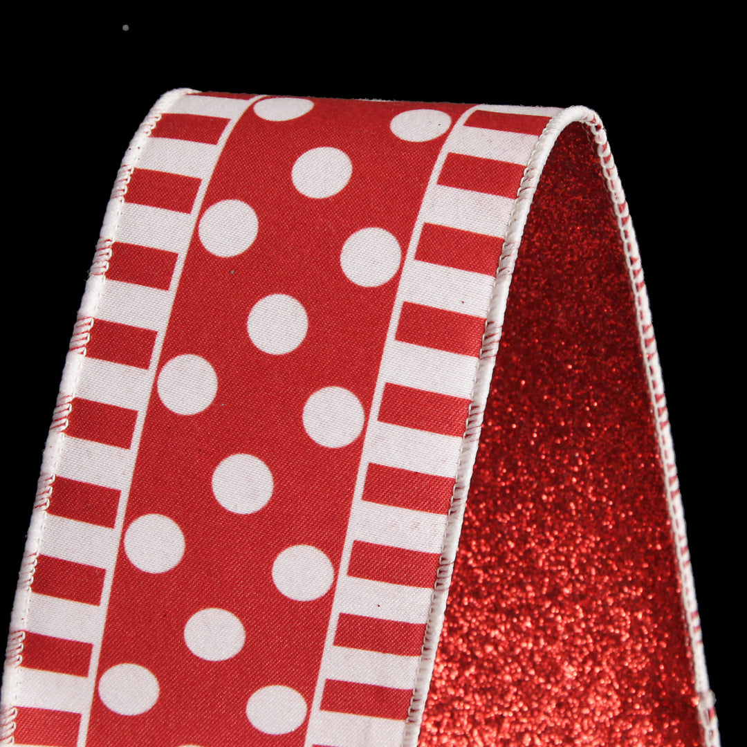 Red and White Dots and Stripe Candy Cane Christmas Ribbon - 6.5cm