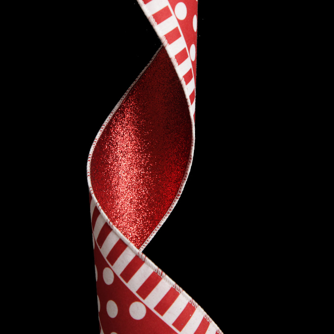 Red and White Dots and Stripe Candy Cane Christmas Ribbon - 6.5cm