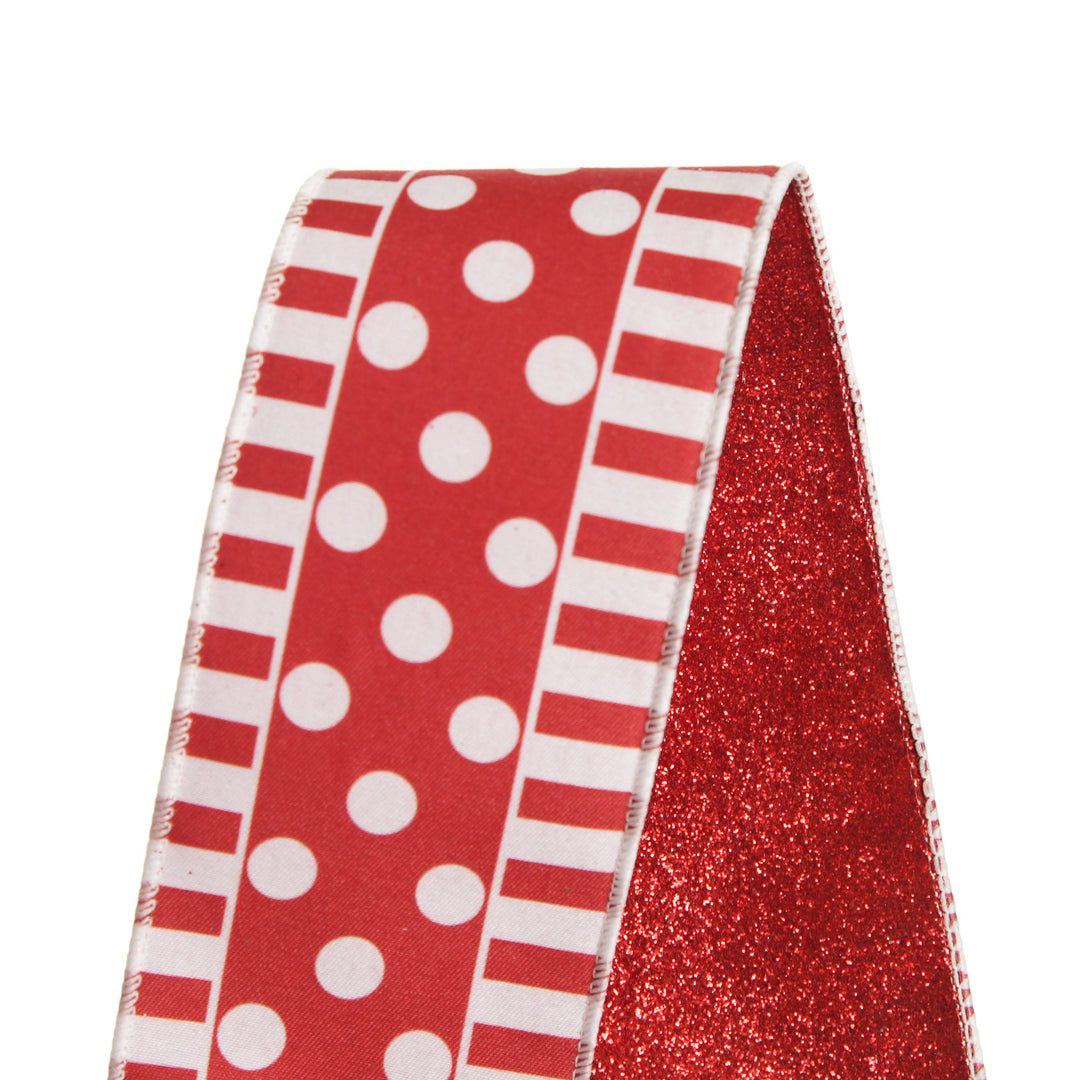 Red and White Dots and Stripe Candy Cane Christmas Ribbon - 6.5cm
