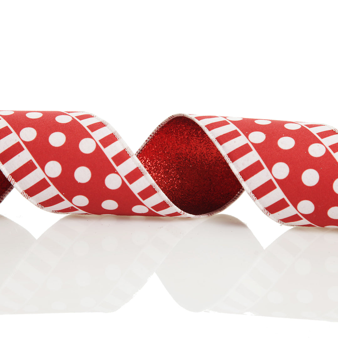 Red and White Dots and Stripe Candy Cane Christmas Ribbon - 6.5cm