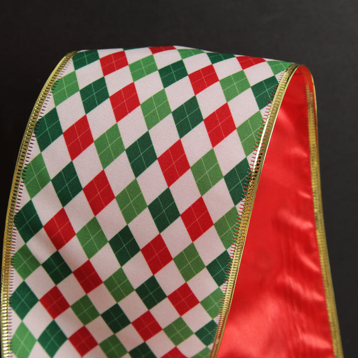 Reversible Red White Green Harlequin Pattern Wired Christmas Ribbon Garland