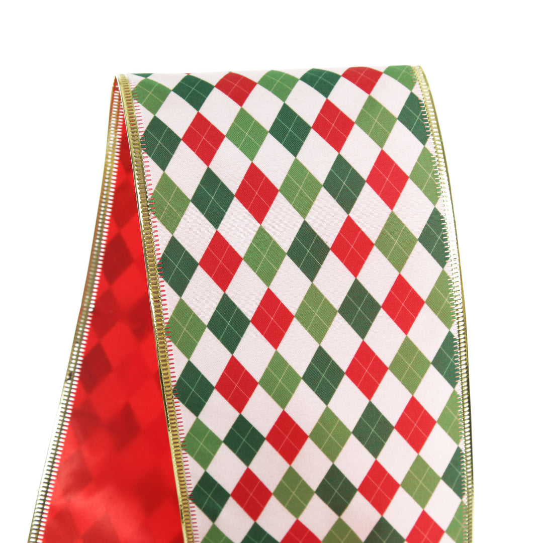 Reversible Red White Green Harlequin Pattern Wired Christmas Ribbon Garland