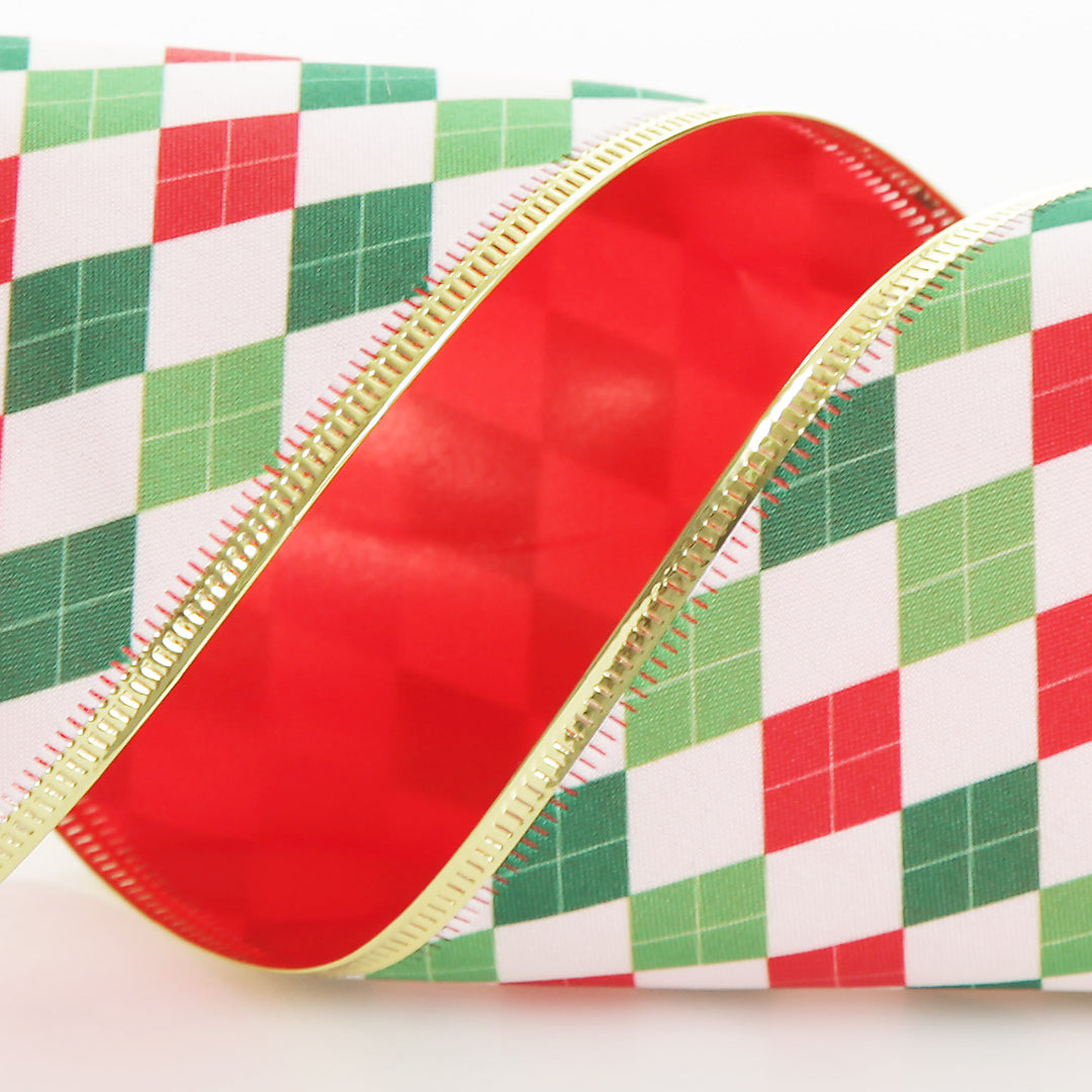 Reversible Red White Green Harlequin Pattern Wired Christmas Ribbon Garland