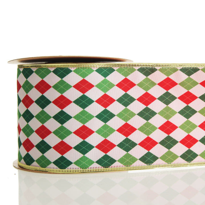 Reversible Red White Green Harlequin Pattern Wired Christmas Ribbon Garland