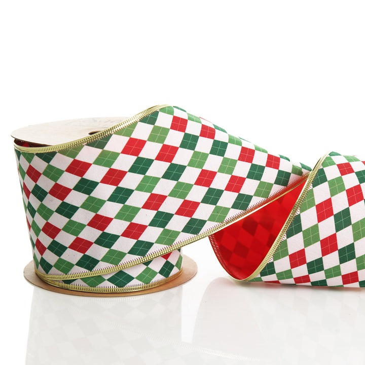 Reversible Red White Green Harlequin Pattern Wired Christmas Ribbon Garland