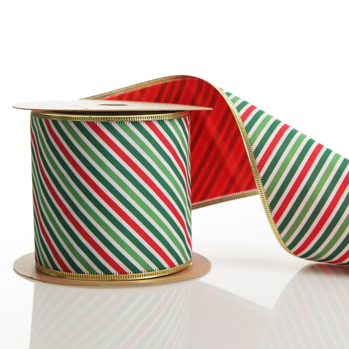 Reversible Red White Green Striped Wired Christmas Ribbon Garland