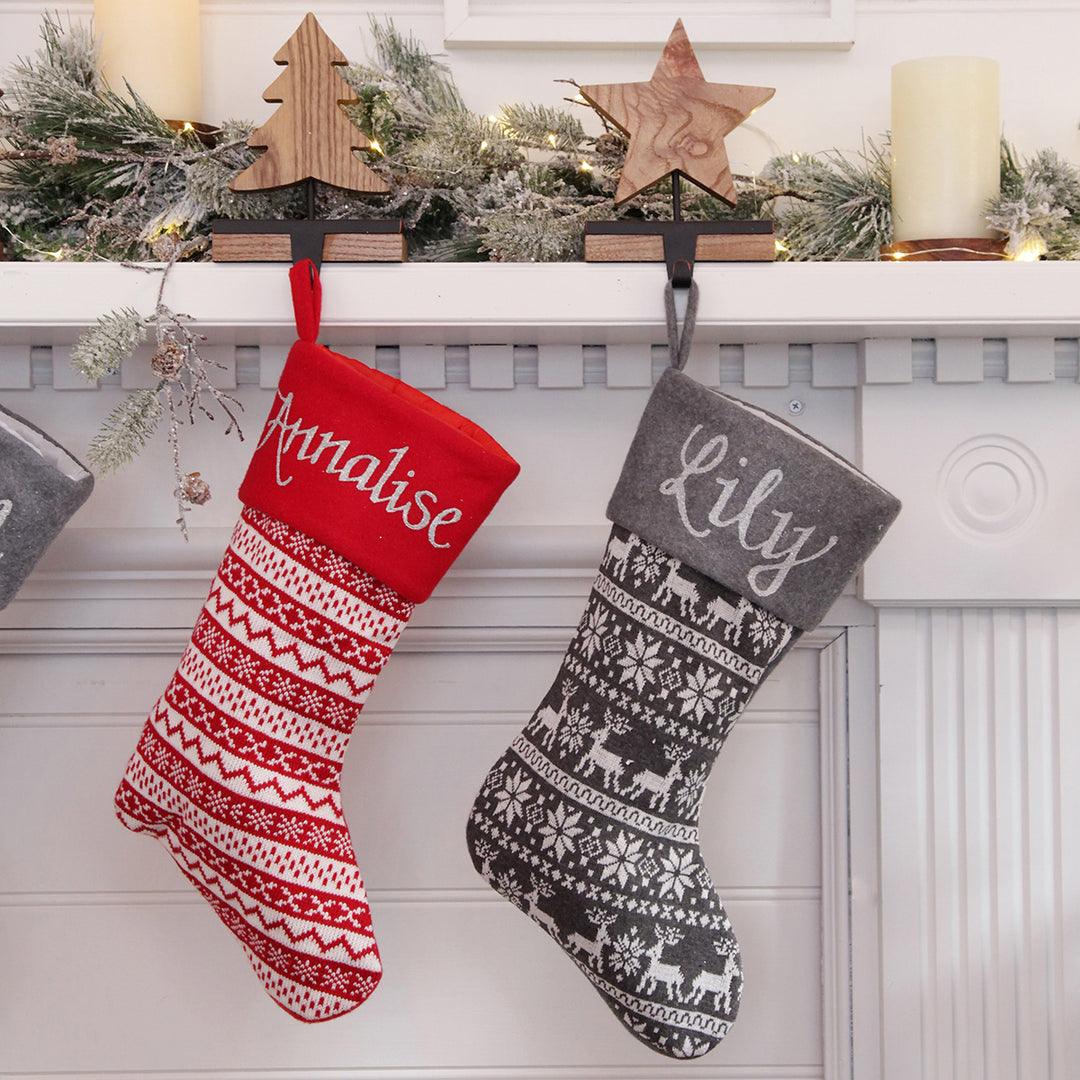 Personalised Red Knitted Christmas Stocking - with backround