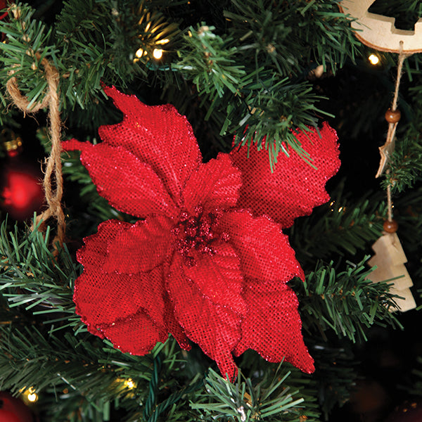 Red Burlap Flower Pick Red Glitter Trim in Christmas Tree Farm