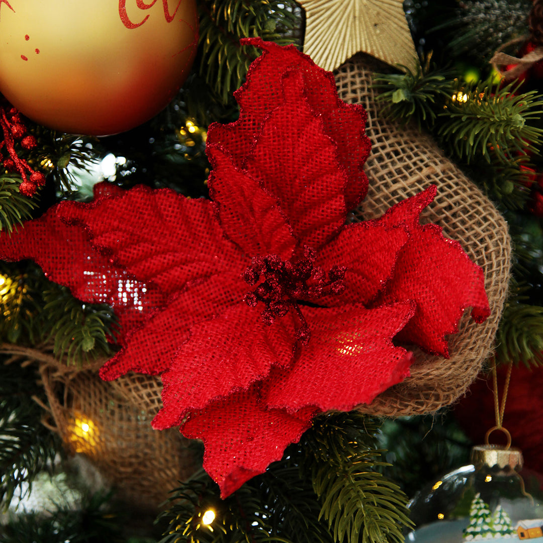 Red Burlap Flower Pick Red Glitter Trim with Background 