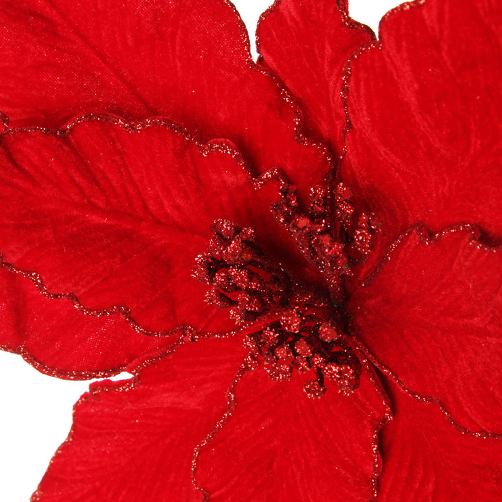 Red Poinsettia Flower Pick with Red Glitter Trim Close up