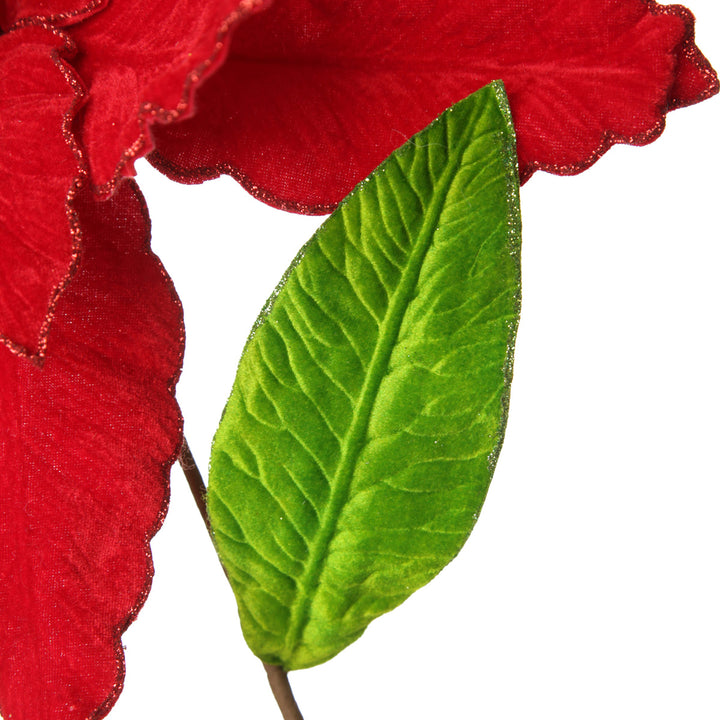 Red Poinsettia Flower Pick with Red Glitter Trim leaf details