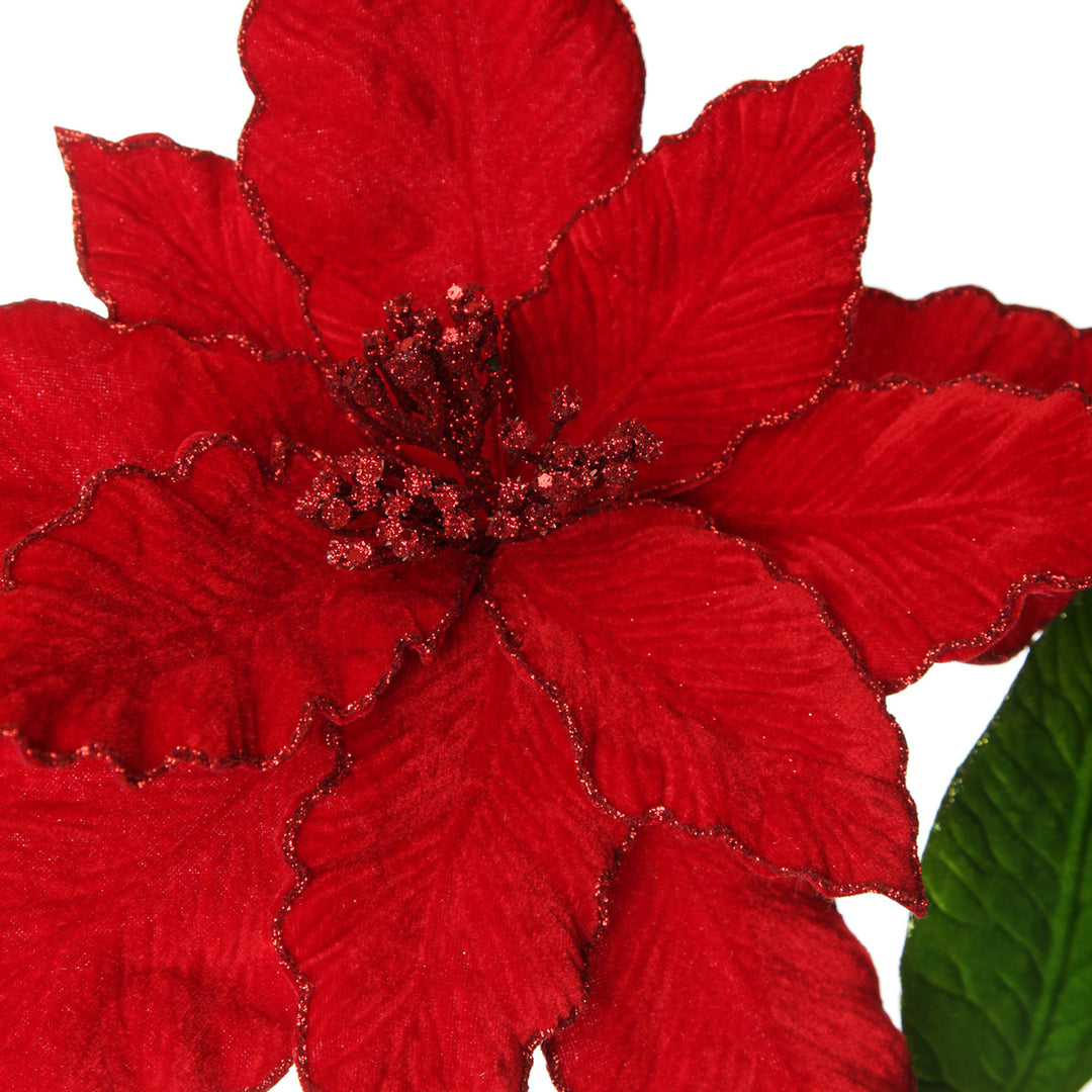 Red Poinsettia Flower Pick with Red Glitter Trim Close up