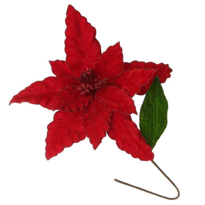 Red Poinsettia Flower Pick with Red Glitter Trim