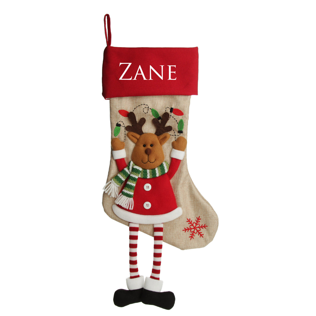 Personalised Reindeer Christmas Stocking with Dangly Legs