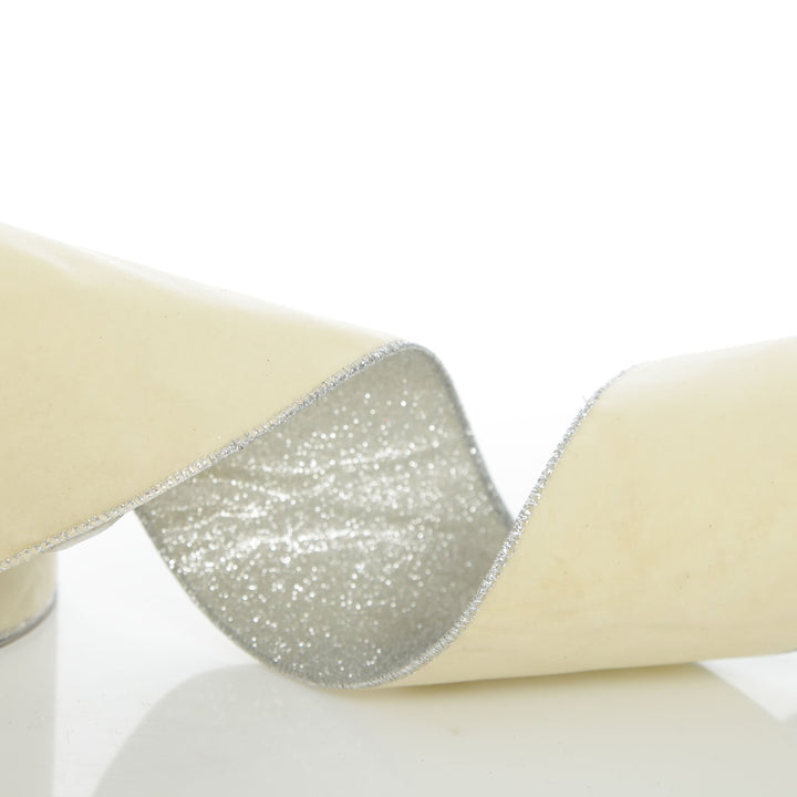 Reversible Ivory Velvet and Silver Glitter Wired Ribbon Garland