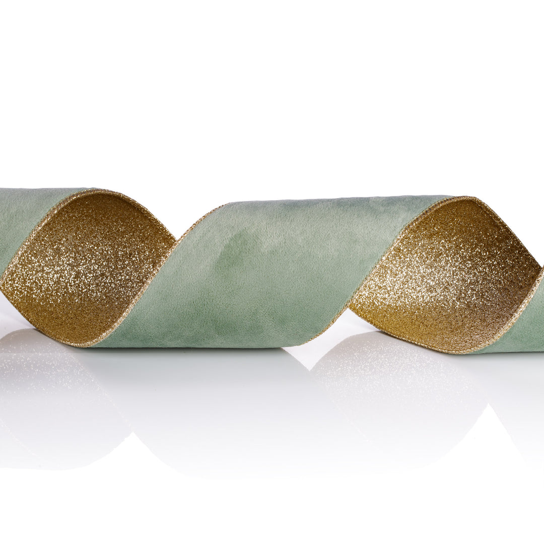Reversible Mint Green Velour &amp; Champagne Glitter Wired Christmas Ribbon Garland