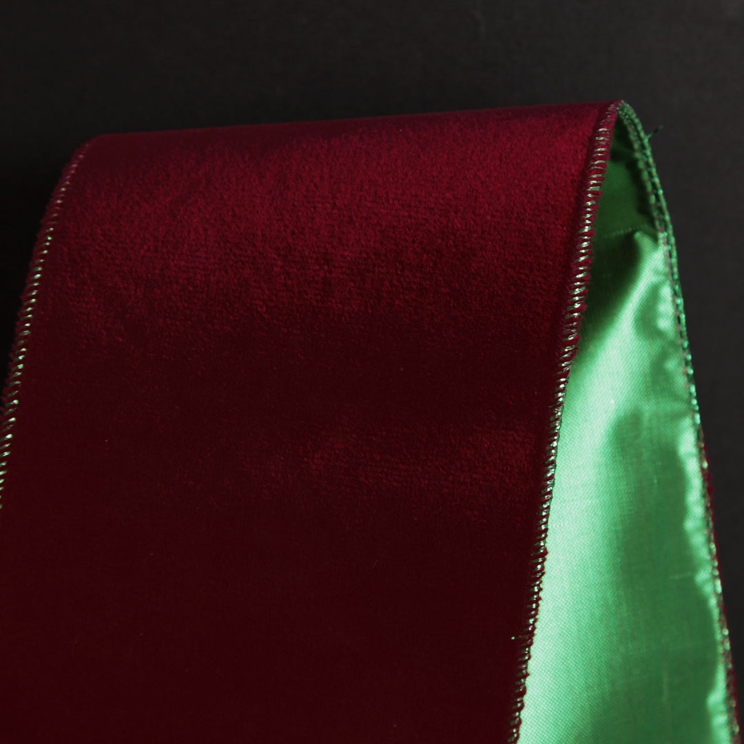Reversible Dark Red Velvet and Green Satin Wired Christmas Ribbon Garland