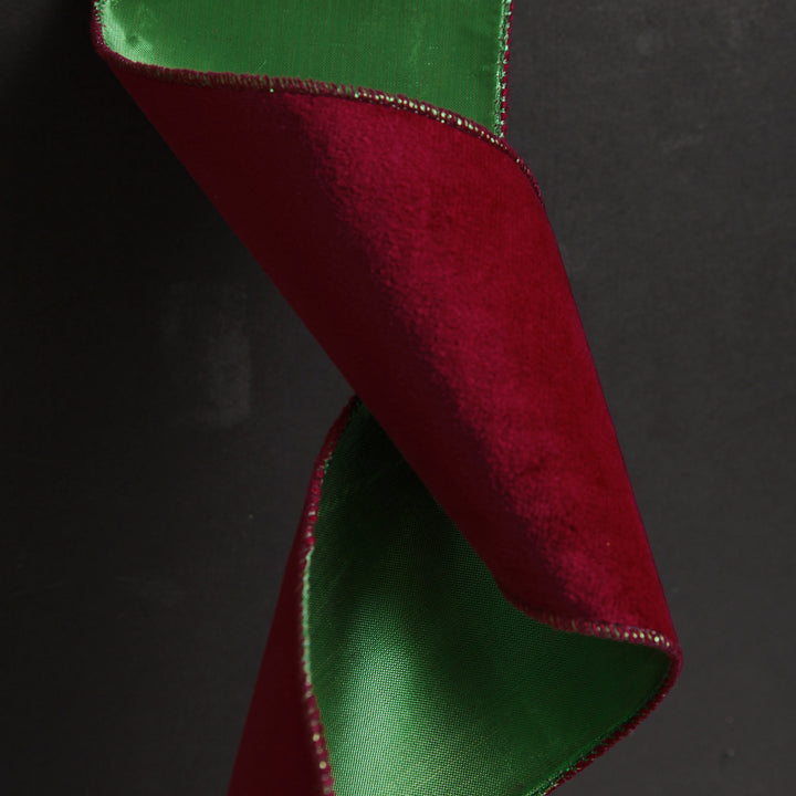 Reversible Dark Red Velvet and Green Satin Wired Christmas Ribbon Garland