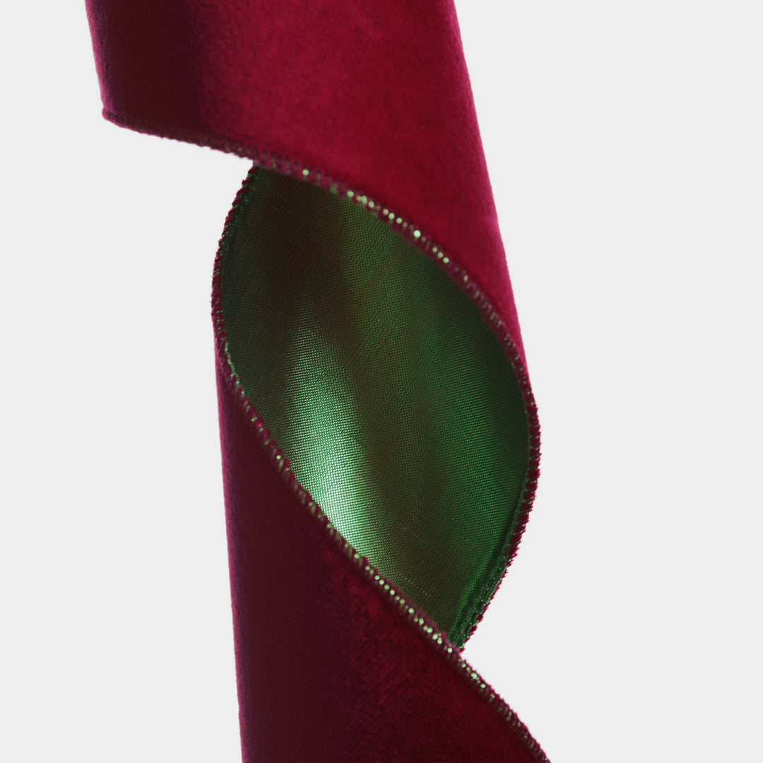 Reversible Dark Red Velvet and Green Satin Wired Christmas Ribbon Garland