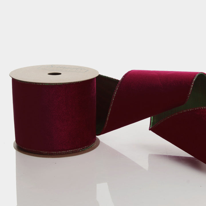 Reversible Dark Red Velvet and Green Satin Wired Christmas Ribbon Garland