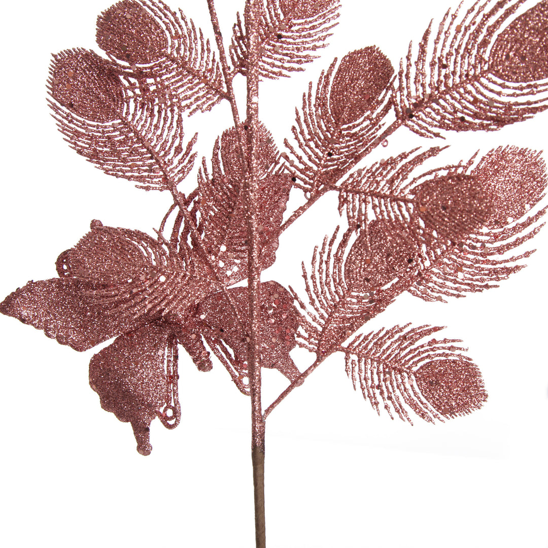 Rose Gold Glitter Feathers with Butterfly Spray Pick