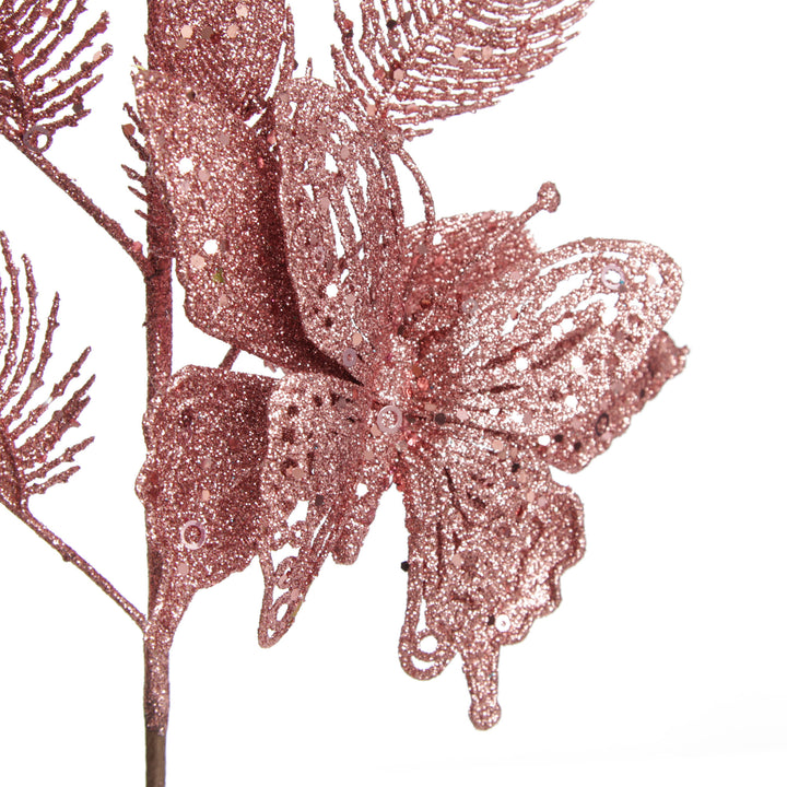 Rose Gold Glitter Feathers with Butterfly Spray Pick
