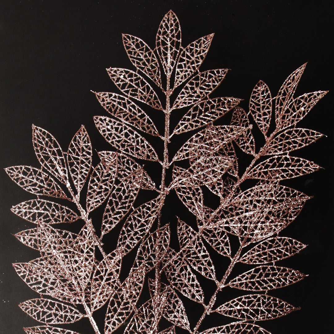 Rose Gold Glitter Mesh Leaf Spray with black background