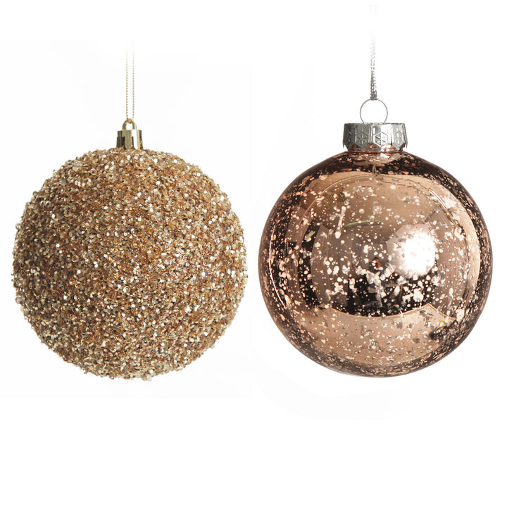 Rose Gold Sequin and Mercury Christmas Baubles 10cm - Set of 2