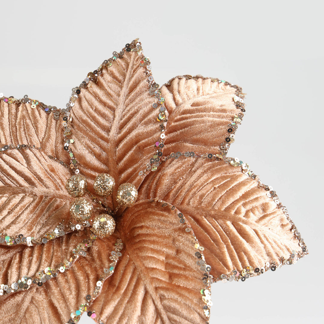 Rose Gold Velvet Sequin Tip Poinsettia Flower Clip