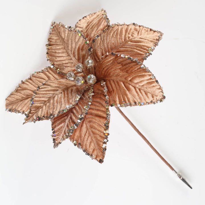 Rose Gold Velvet Sequin Tip Poinsettia Flower Clip