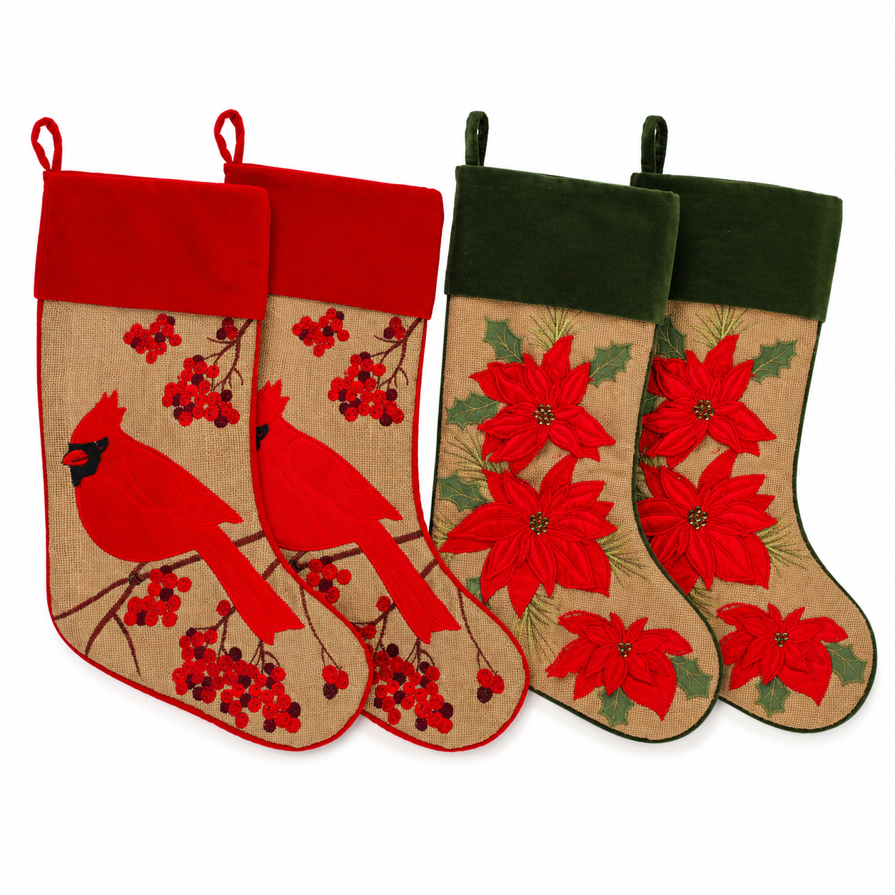 Rustic Bird and Flower Christmas Stocking - Set of 4
