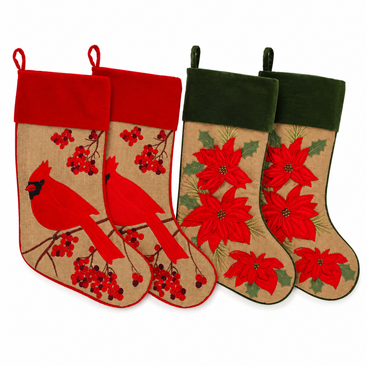 Rustic Bird and Flower Christmas Stocking - Set of 4
