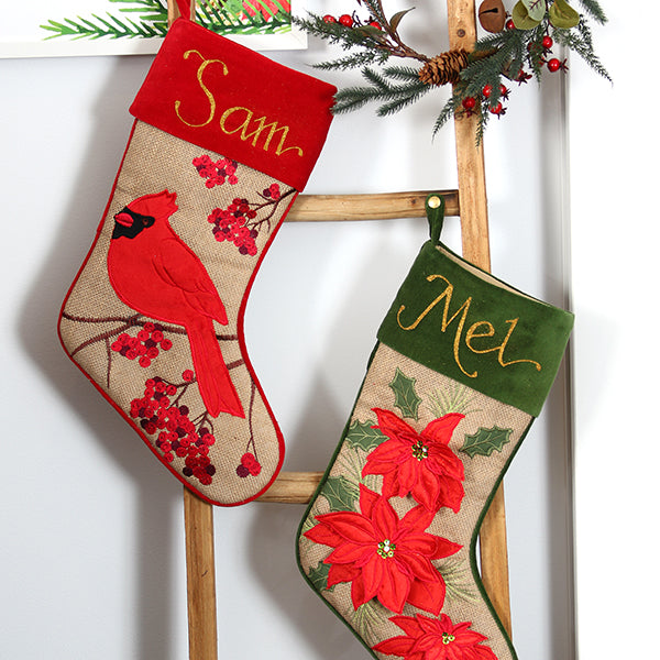 Personalised Burlap Poinsettia Christmas Stocking in Rustic Christmas